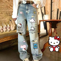 Sanrios Hello Kittys Jeans Cartoon Wide Leg Pants Y2K Version Streetwear Jean Women Fashion Vintage Loose Straight Trousers Gift