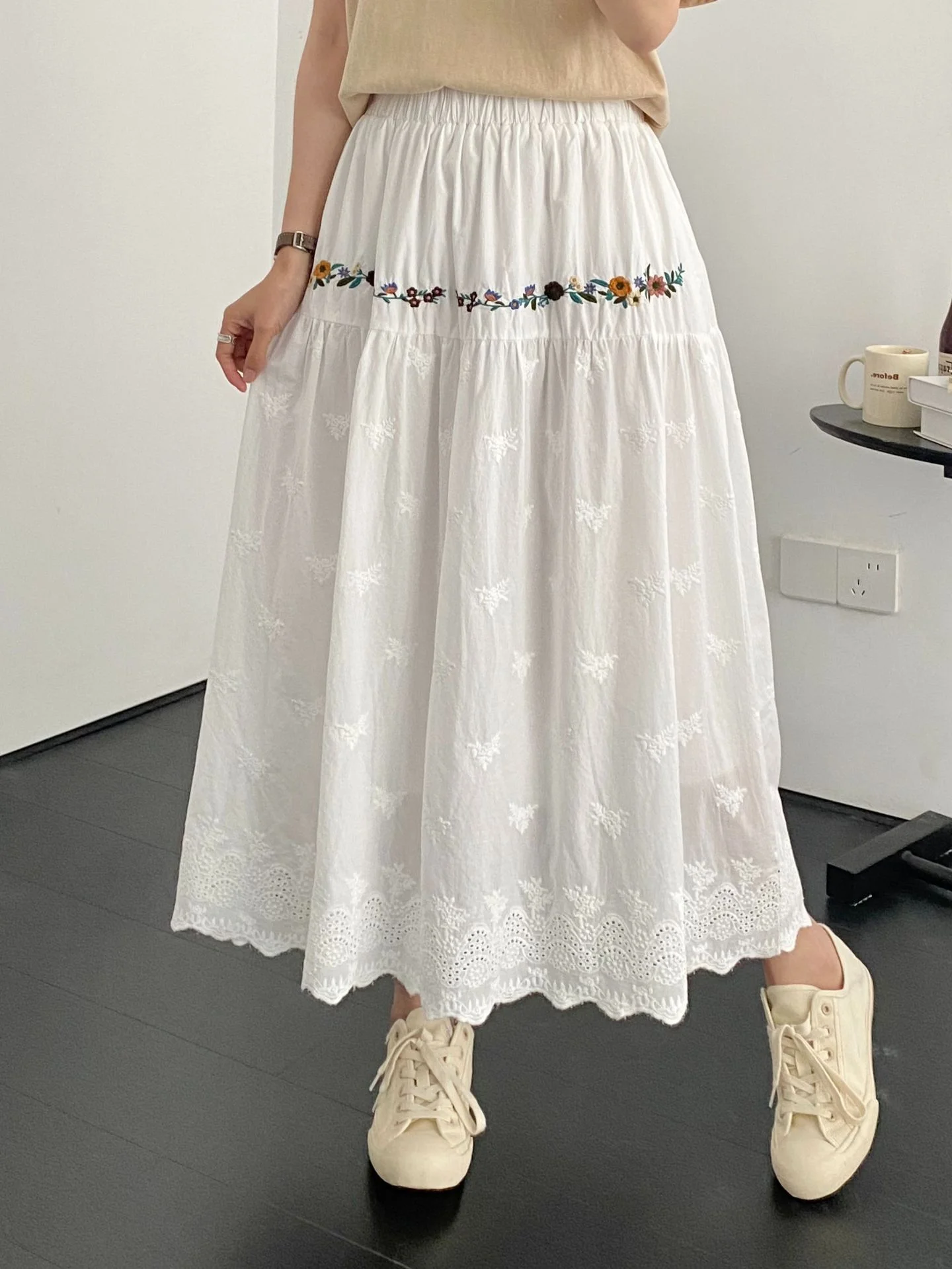 

Mori kei clothing white embroidery hollow out long skirts for women Japan style sweet cotton a-line skirts women's clothing 2024