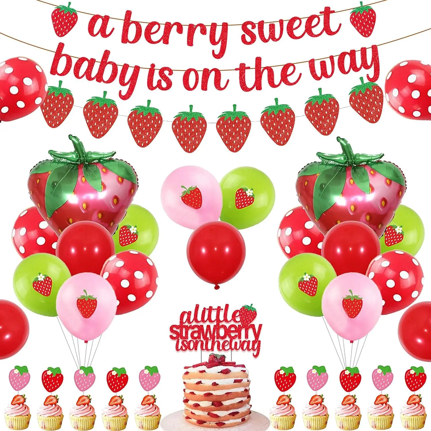 

A Little Strawberry Baby Shower Decorations, Girls' Berry Sweet Baby Is on the Way Banner, Fruit Strawberry Balloon, Cake Topper