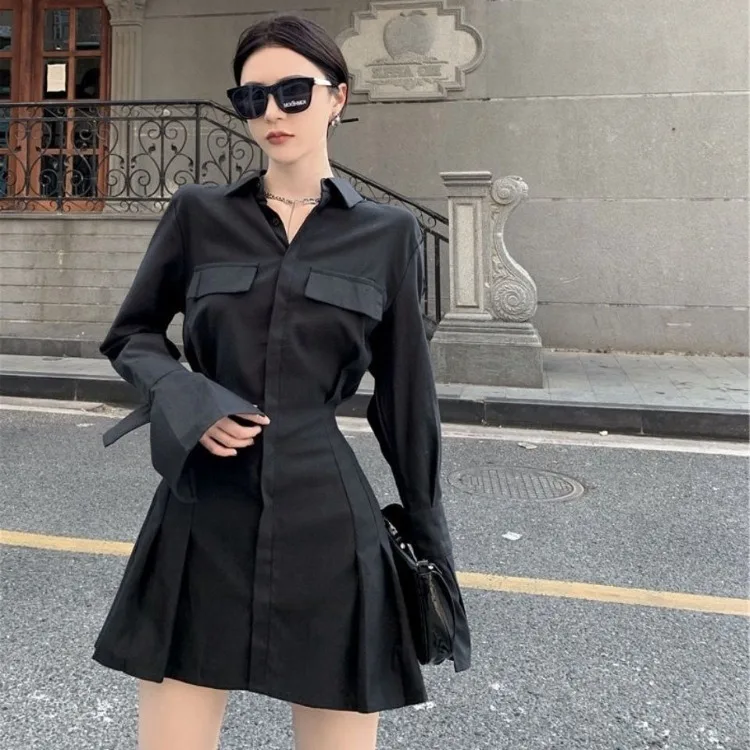 2024 Early Autumn New Lapel Neck Black Blouses Sexy Slim Waist Ruched Shirts Women Y2k Grunge Long Sleeve Blusas Mujer Dress