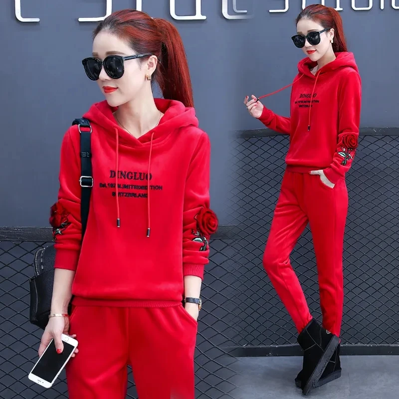 Embroidery Velvet Tracksuits 2 Piece Sets Womens Warm Plush Sweatshirts Outfit Thick Jogger Sweatpants Ensemble Fall Winter New