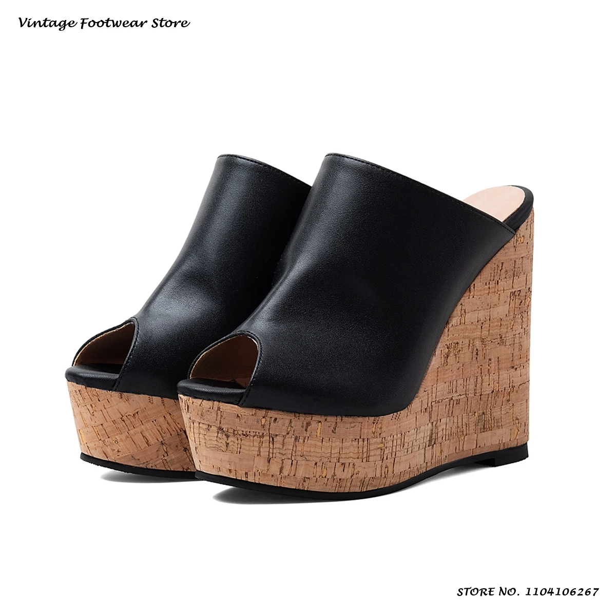 Wooden Effect Platform Wedges Mules Vintage Round Open Toe Plus Size Casual Shoes Women's Summer Pull On Fashion Slippers