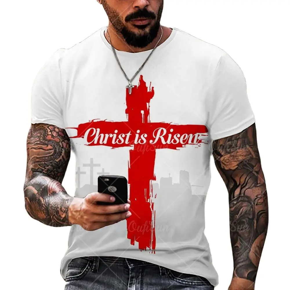 T-shirts For Men Cross Graphic Jesus Christ 3d Print Men\'s Tshirt Retro Classic Short-sleeved Loose Personality Oversized Tops