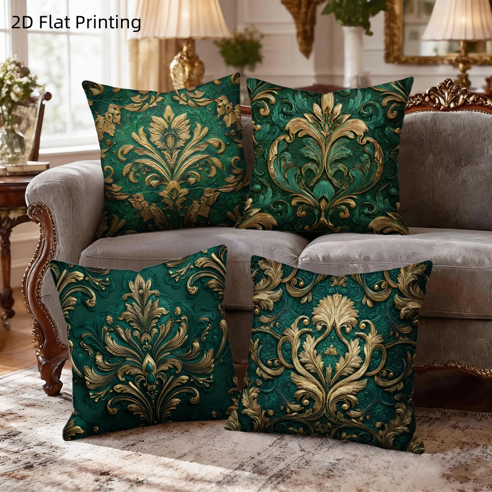 4Pcs Vintage Pillow Covers Dark Green Gold Baroque Embossed Floral Scroll Print Cushion Cases For Bed Couch Noble Simple Home