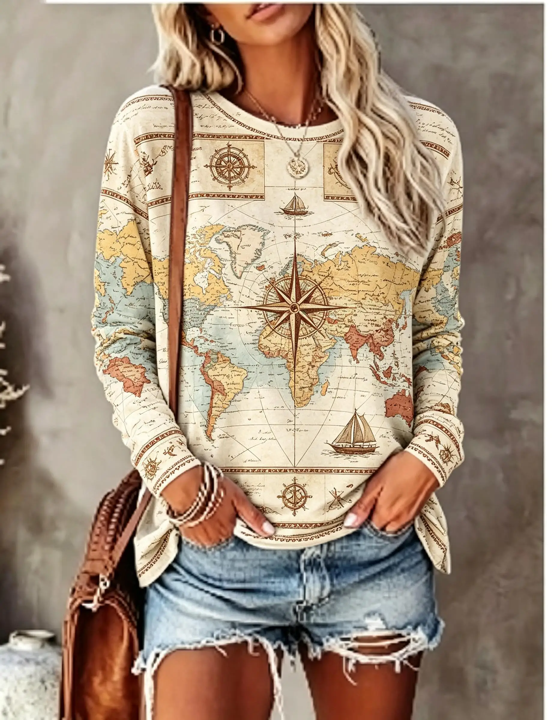 Women Crew Neck Long Sleeve T‑Shirt, Vintage Nautical Map Compass Print Casual Loose Pullover Tops