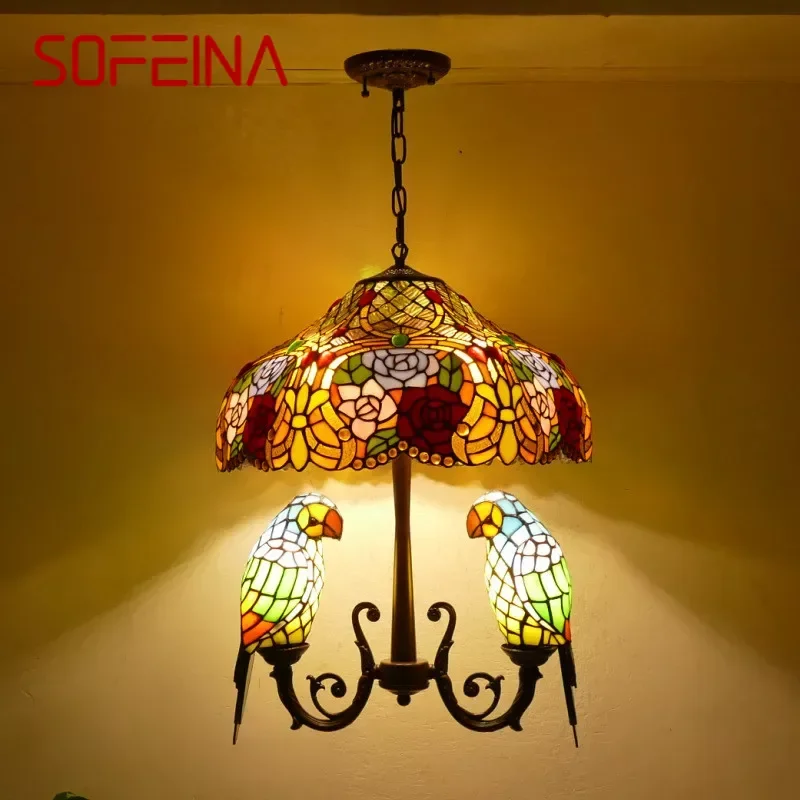 SOFEINA Tiffany Parrot Chandelier Vintage Creative Color Glass Living Room restaurant Bedroom Hotel Corridor Pendant Lamp