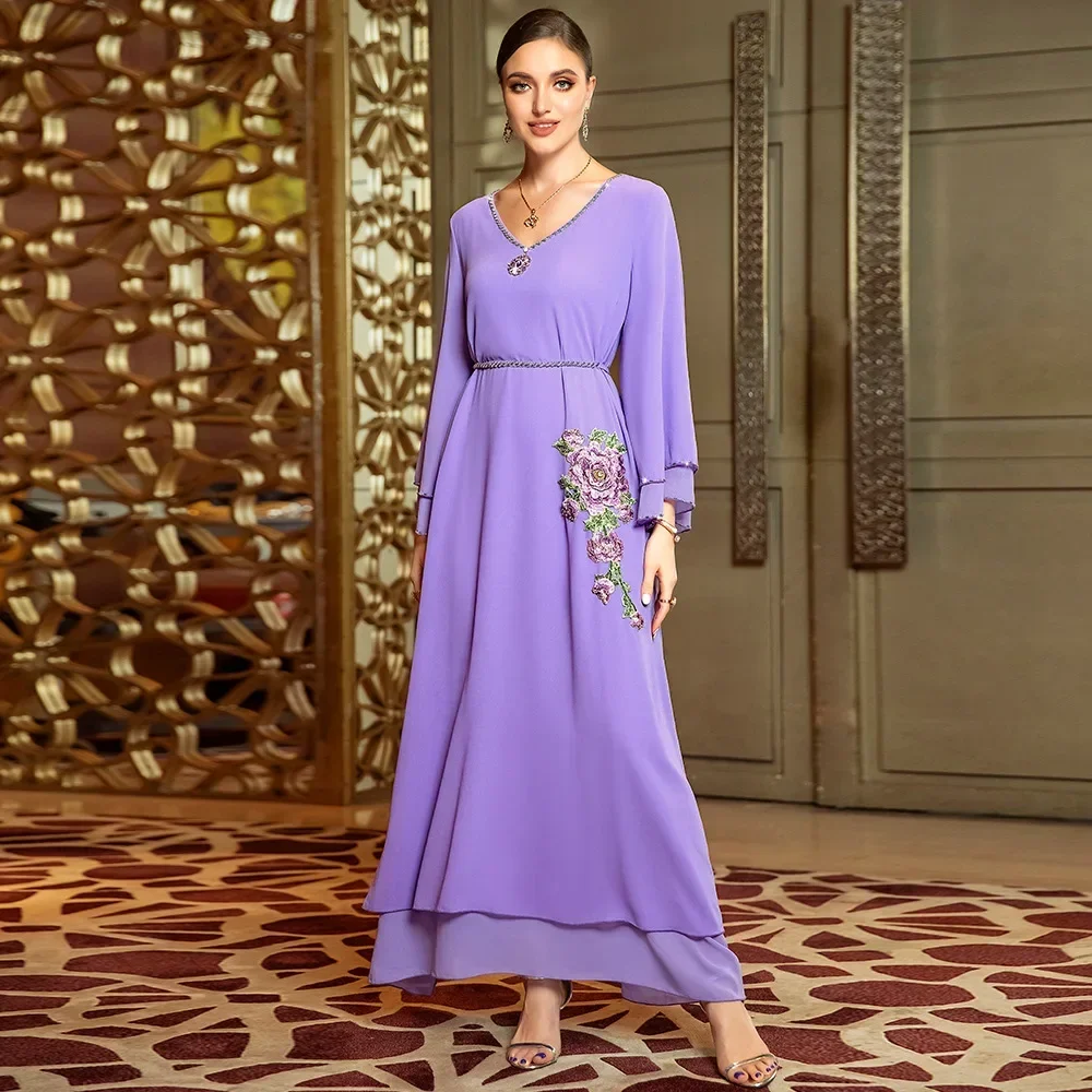 

Moroccan Jalabiya Kaftan Dress For Women Dubai Turkey Luxury Rhinestone Embroidery Loose Chiffon Muslim Arabic Islamic Clothing