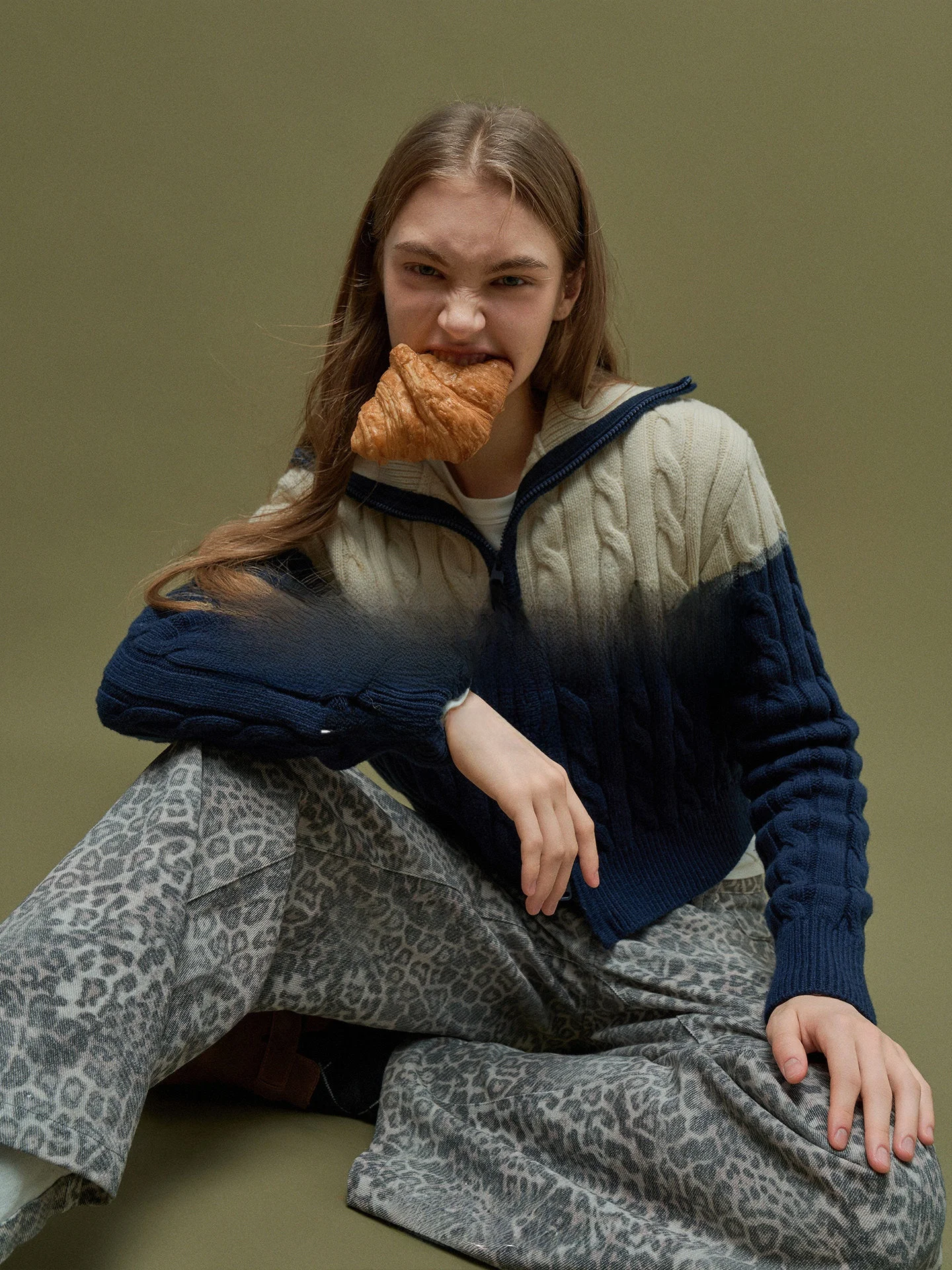 

Wool Blend Knitted Open Cardigan Zipper Collar Double Opening Color Blo Women's Long Sve Autumn Faion Relez