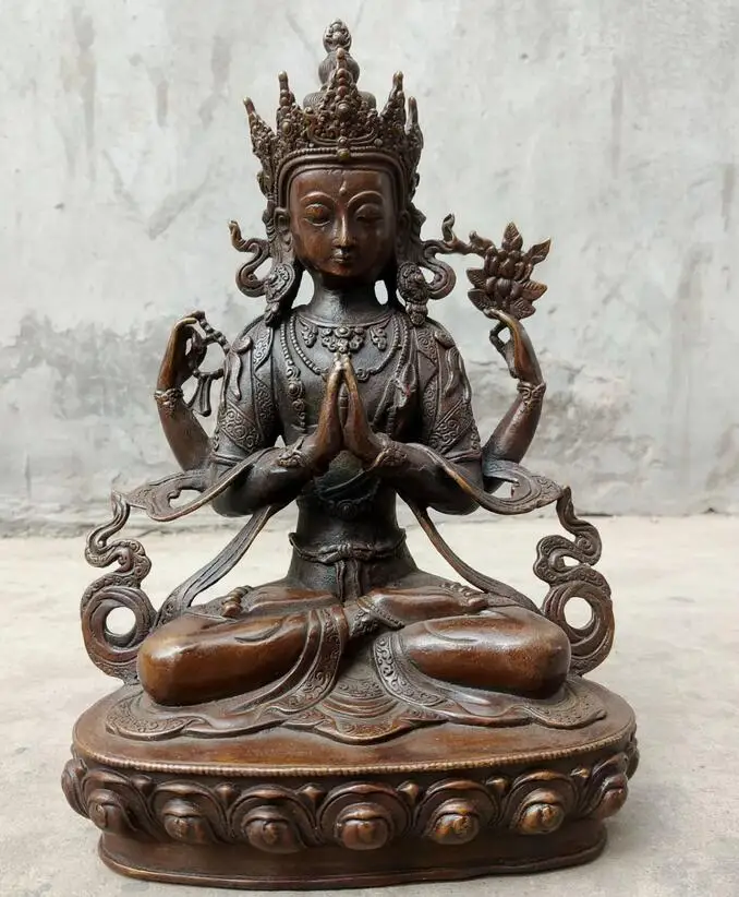 

30cm Buddhism old Handcarved bronze statue Buddha Four-armed Guanyin Sakyamuni