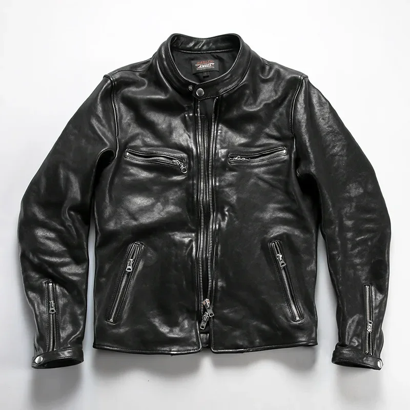 

Luxury Mens Thick tanned sheepskin jacket.Classic J100 Motor Rider leather coat.Vintage black real leather cloth