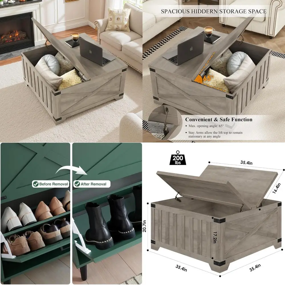 Vintage Lift-Top Storage Coffee Table, 35.4 Square, Vintage Wood Design