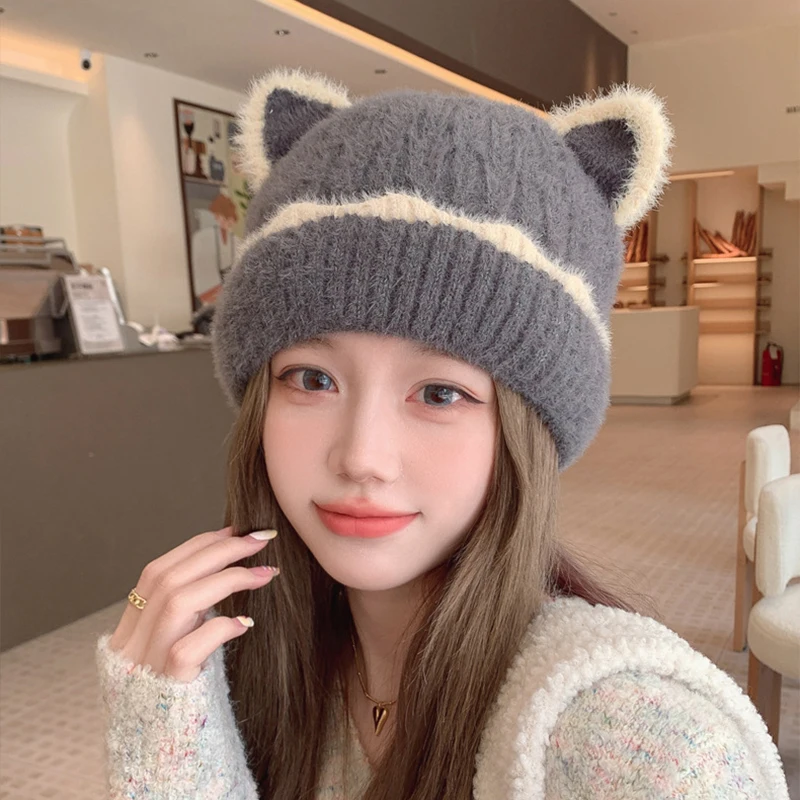 Autumn and winter new cute ears hat fashionable versatile knitted wool cap warm big head circumference cold cap warm knitted cap