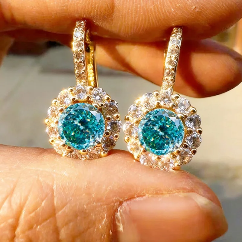 cyan Portuguese cut Stud Earrings, 4 prong S925 Sterling Silvery with 18K Golden Plating, Mature Style, Gift for Men and Women,