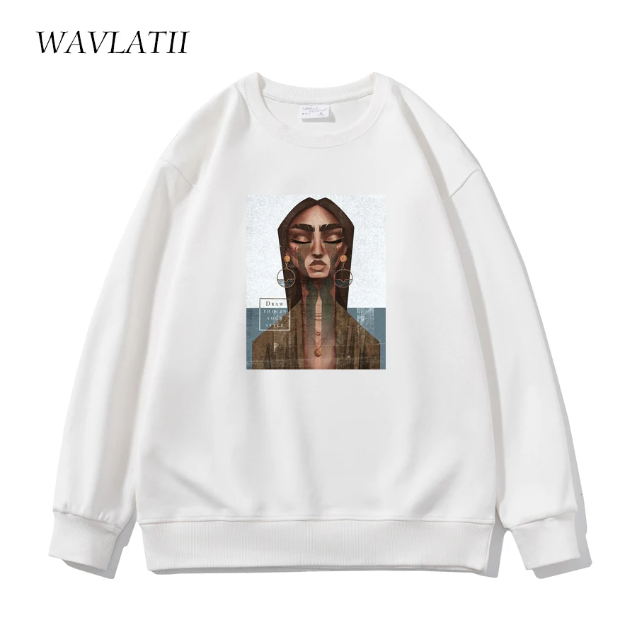 WAVLATII, sudaderas blancas informales para mujer, sudadera caqui suave de gran tamaño con estampado fresco, Tops de manga larga con cuello redondo