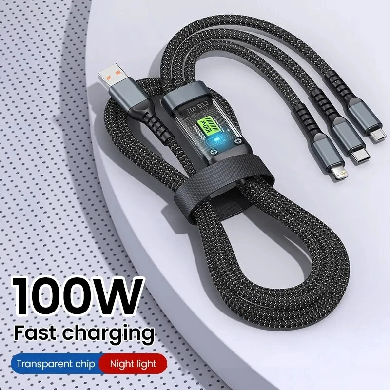 100W 6A 3 in 1 Fast Charging Cable USB Type C Cable 2 in 1 Micro USB Cable Data Charger Cable USB C Cable 1.2M