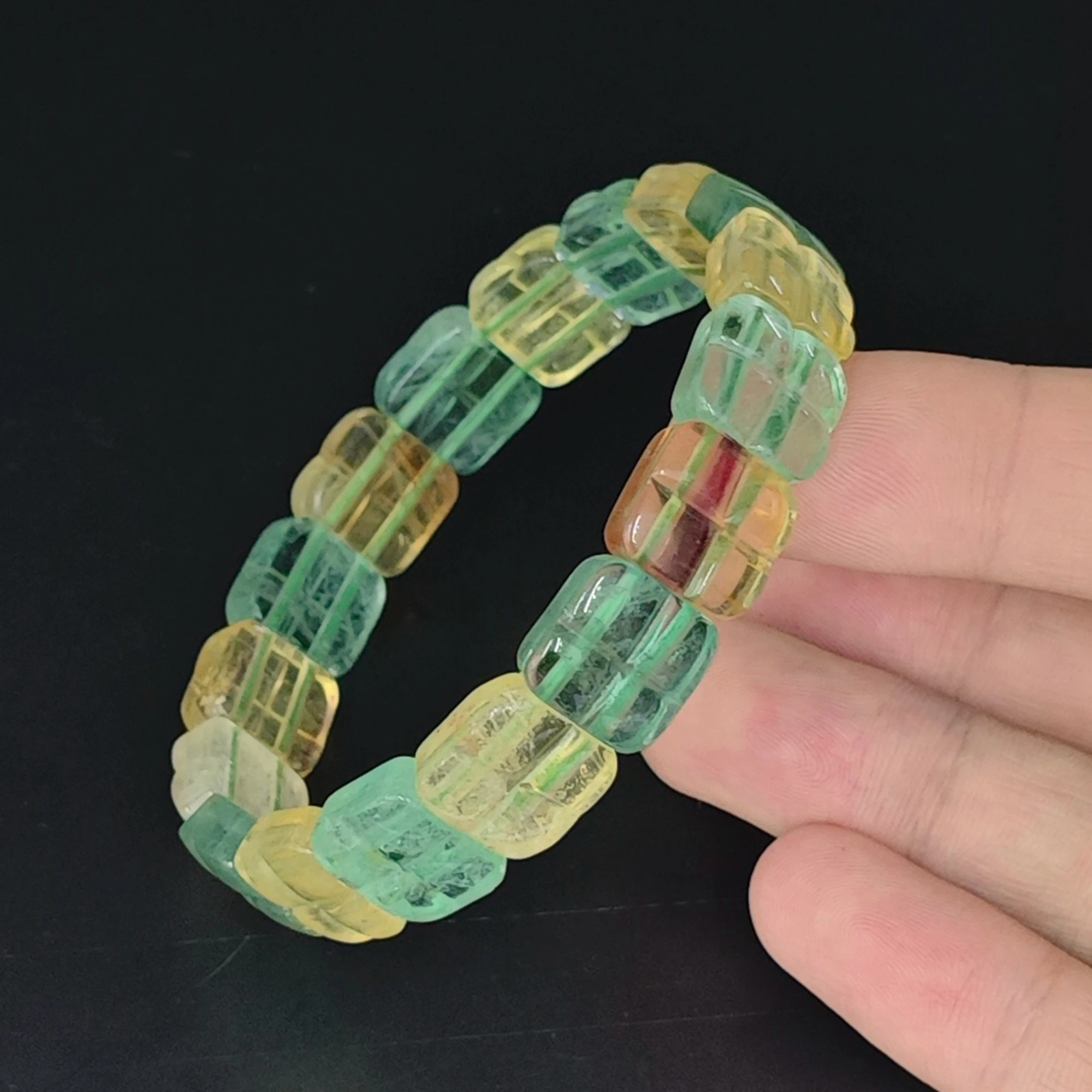 Square Grid Carved Fluorite Bracelet 11mm Yellow Green Cube Beads Aesthetic Women Jewelry 17cm