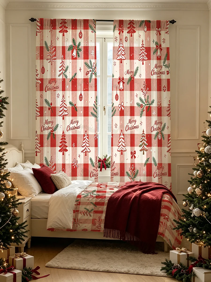Buffalo Plaid Christmas Tree Printed Curtains 2 PCS, Rod Pocket Polyester Window Drapes, Holiday Decor Matching