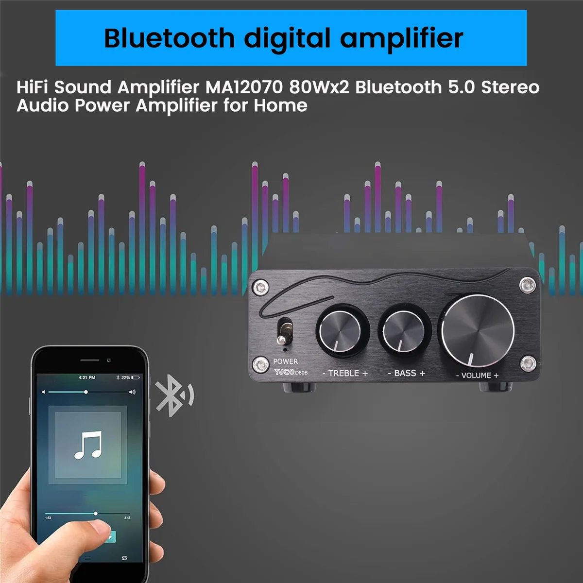 Penguat Suara HiFi Teknologi Baru MA12070 80Wx2 Bluetooth 5.0 Amplifier Daya Audio Stereo untuk Home Theater Karaoke Amplifiy-Hitam