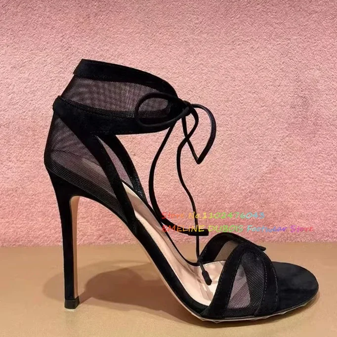 

Sexy Lace Mesh Straight Strap High-Heeled Shoes for Women Summer New Open Toe Stiletto Heel Lace Up Suede-Trimmed Tulle Sandals