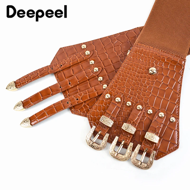 Deepeel 1pc 13*70cm New Fashion Women PU Metal Cummerbunds Rivet Elastic Decorative Corset Luxury Female Harness Waist Belt