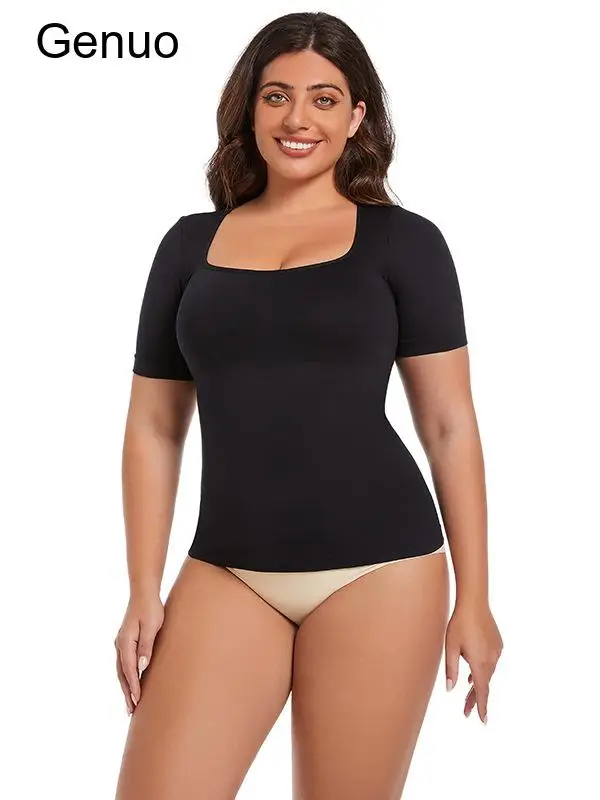 2026 Women Plus Size Seamless Shapewear Crop Top Short Sleeve Slimming Tummy Control Casual Basic Tee