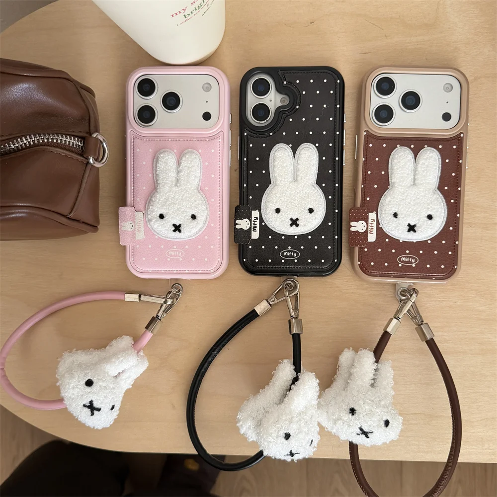 

Winter Plush Rabbit Fashion Leather Polka Dot Phone Case for iPhone 16 Pro Max 17 Pro 13 14 15 Cover Cute Plush Charm Funda cas
