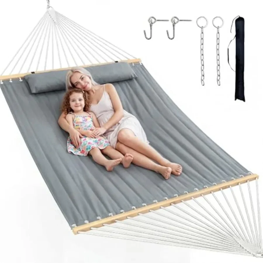 Double Hammock with Spreader Bar Pillow for Outdoor Camping, Patio, Backyard, Garden, Beach Travel Gray, Polyester, 500lbs Capa