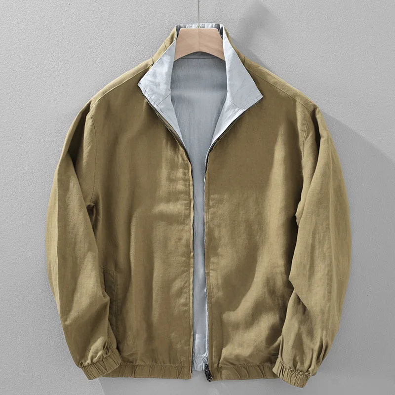 

Y2522 Men's Casual Double-sided Color Blo Silk Linen Collar Jaet Lightweight Glossy Linen Lapel Coat for Middle-ag...