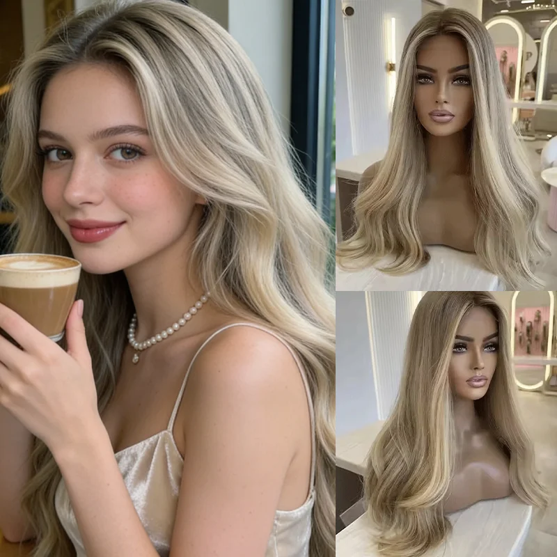 Soft Preplucked Ash Honey Blonde 24Inch 180Density Natural Wave Lace Front Wig Synthetic With Baby Hair Glueless Daily Wear Wigs