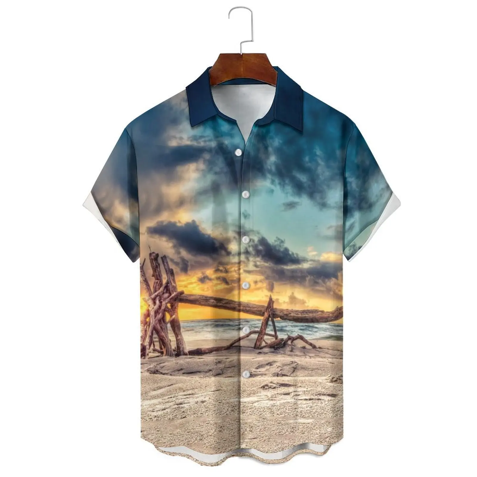 

Loose Casual Summer Fashion Men's/Women's Simulation Landscape Illustration Printed Styles Multi-Lapel Short-Sleeved Shirt