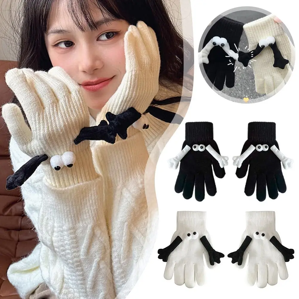 Lovely Knitted Gloves For Couple Funny Magnetic Suction Hand In Hand Gloves Elastic Funny Big Eyes Full Fingers Winter Glov I2K3