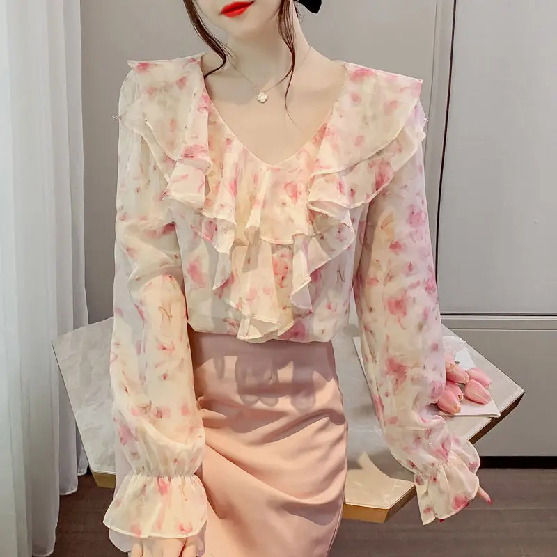 Blus Wanita Korea, blus atasan sifon lengan panjang unik manis longgar mode ruffle sambungan leher V baru musim semi musim gugur