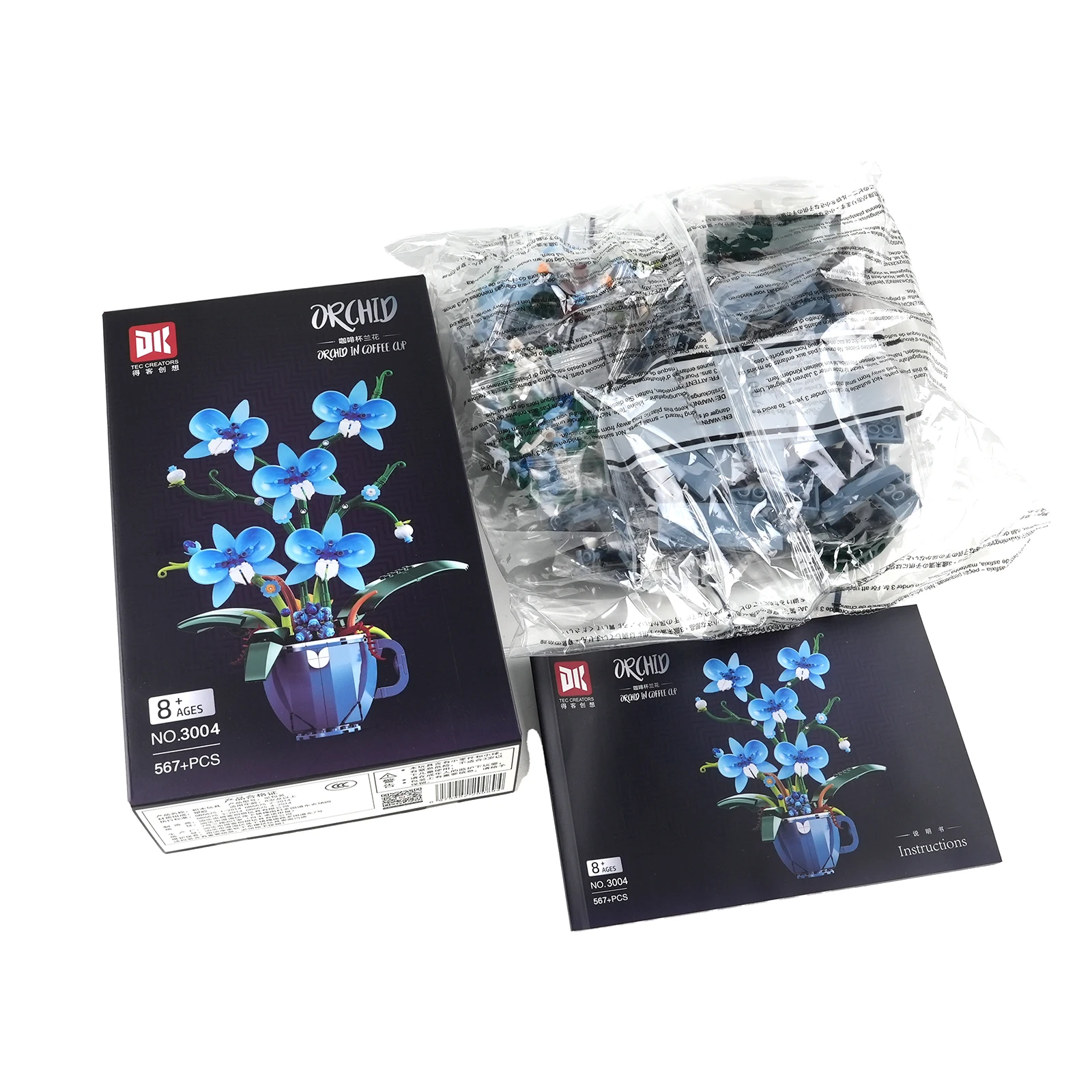Romantischer blauer Orchideen-Blumenstrauß, Bausteine für Zuhause, Schreibtisch, Pflanzendekoration, Spielzeug zusammenbauen, Versenden von Freundin, Valentinstagsgeschenken