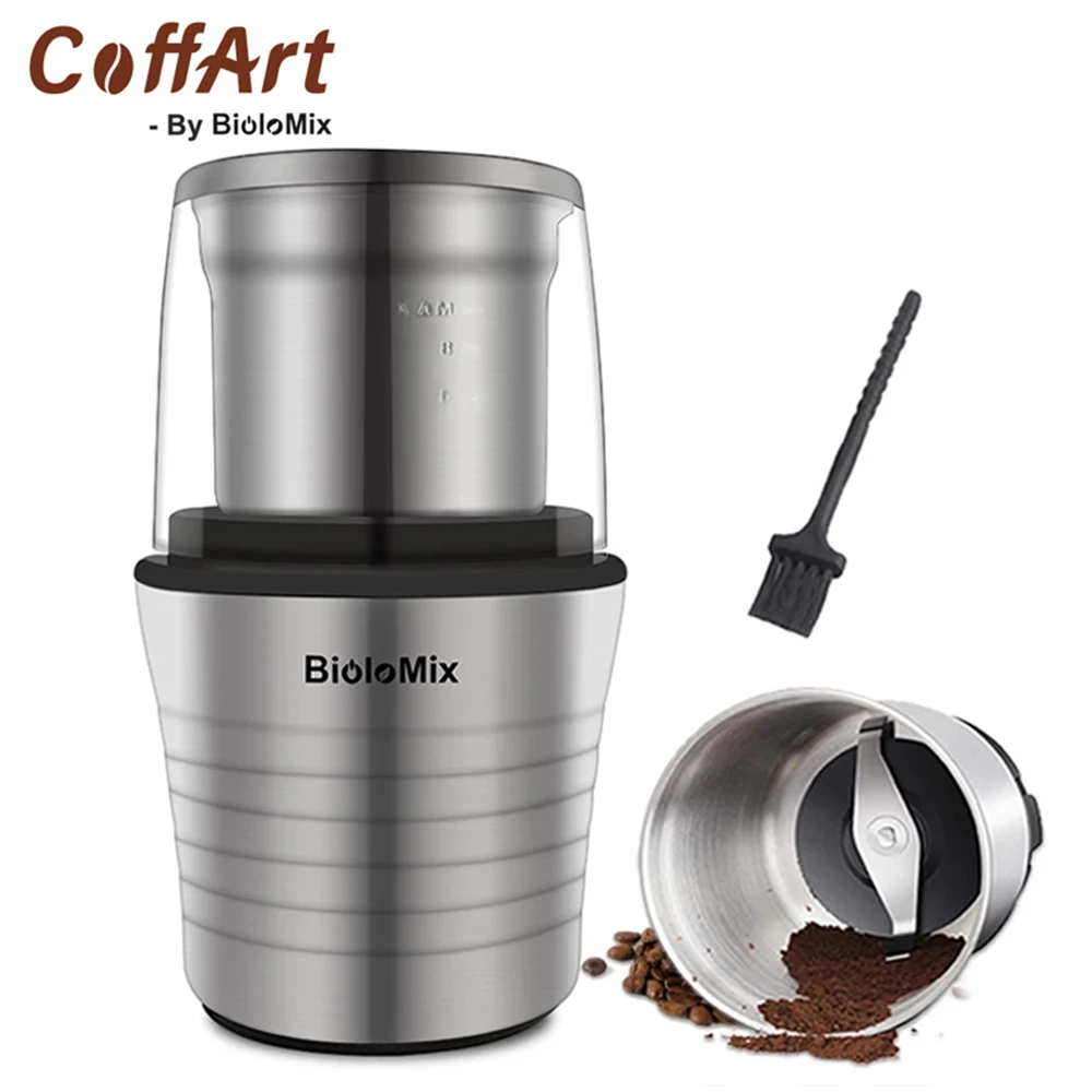 Coffart przez BioloMix 2-in-1 na mokro i na sucho z dwiema miseczkami 300W elektryczny młynek do kawy ze stali nierdzewnej korpus ze stali i Miller