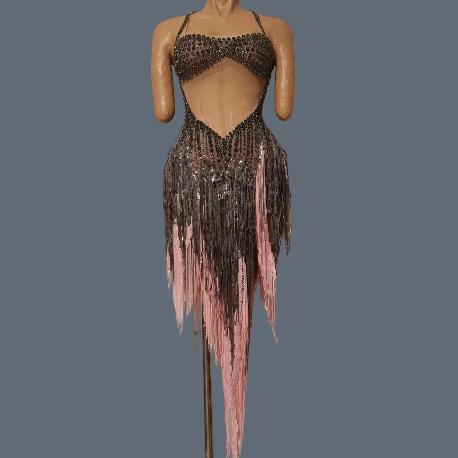 

Fashion Rhinestone Tassel Slip Dress Birthday Strappy Dress Party Dance Latin Dance Team Wear Carnival Club Show Outfit Shuini