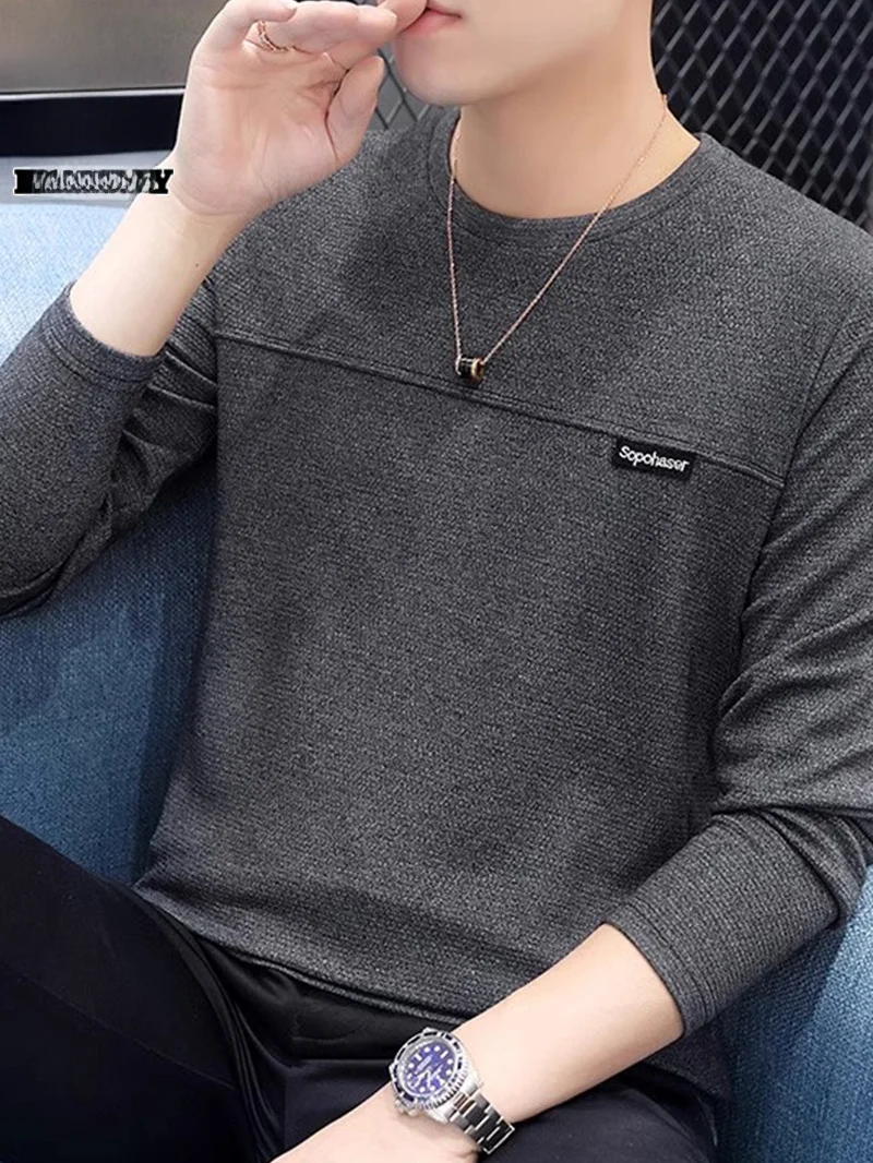 

Мужская футболка с длинным рукавом и круглым вырезом, базовая модель, тренд весны 2024, повседневный топ, молодежная мода, смесовая ткань из хлопка и полиэстера