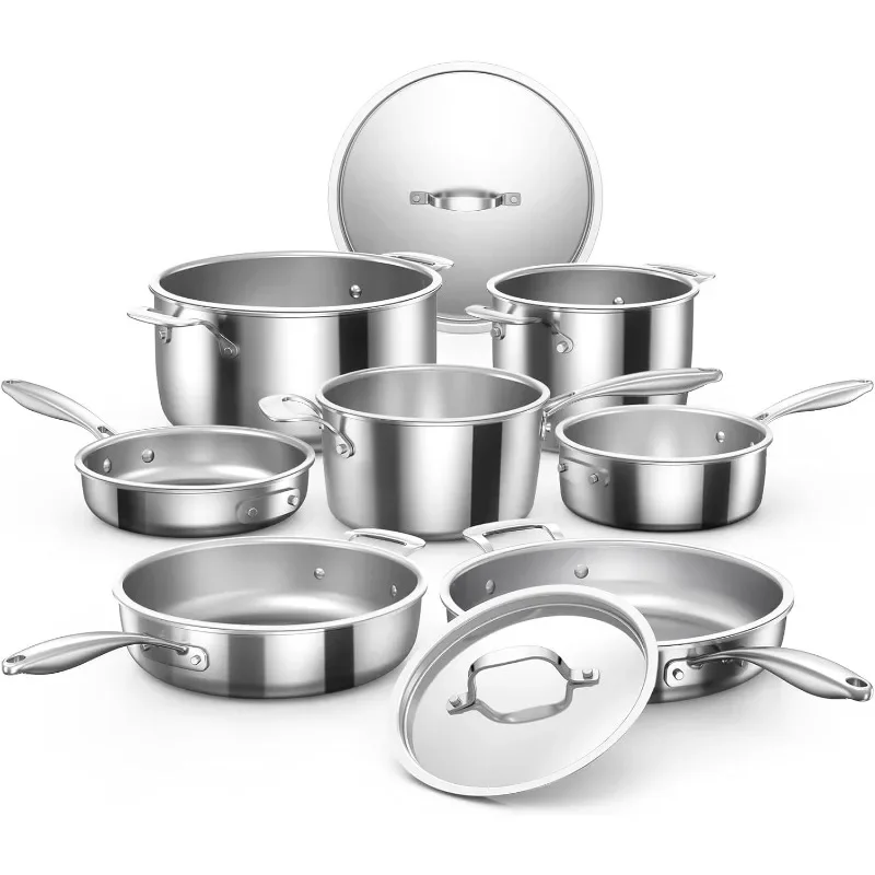 

Stainless steel cookware set, space-saving nesting design, stay-cool handles, induction safe, suitable for all stovetops