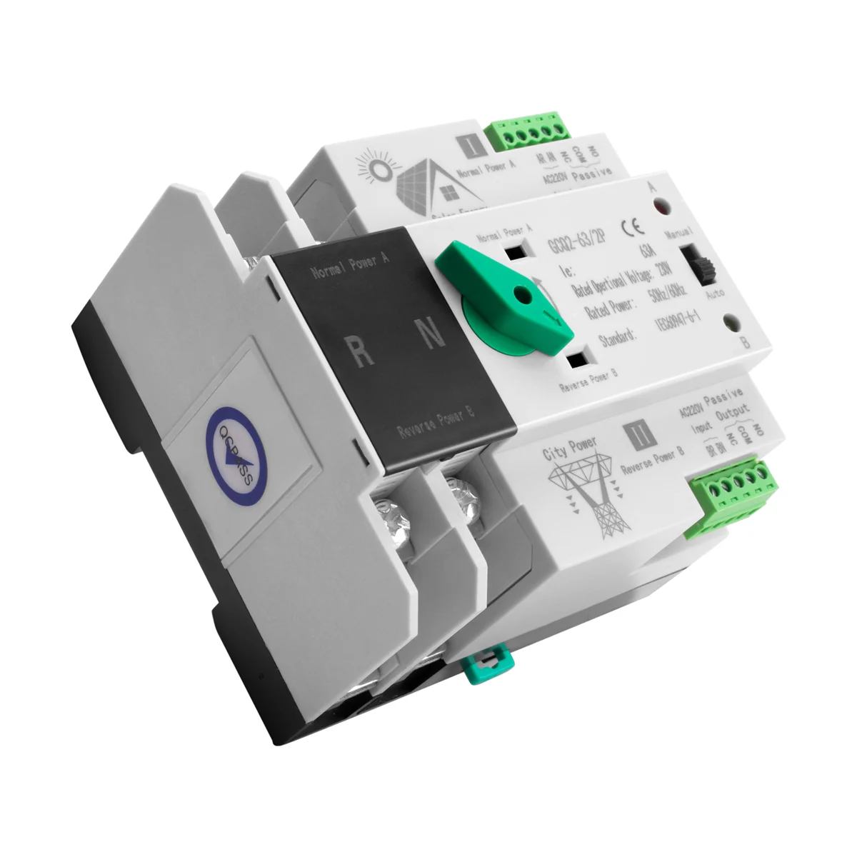 Photovoltaic Solar Power ATS Automatic Transfer Switch Din Rail 2P 63A AC220V ATS PV System Power to City Power