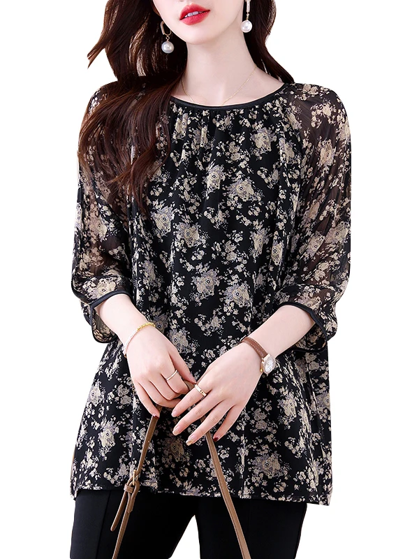 เสื้อยืดชีฟองพิมพ์ลายสำหรับผู้หญิง รุ่นใหม่สำหรับฤดูร้อน เนื้อผ้าเบาสบาย ระบายอากาศได้ดี ทรงหลวม ไซส์ใหญ่พิเศษ ใช้เป็นเสื้อคลุมได้