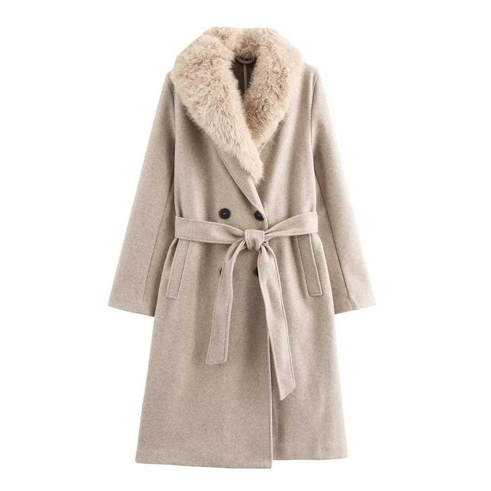 UNIZARA women's lapel long sleeved autumn and winter new design with a belt and a fur collar coat jacket