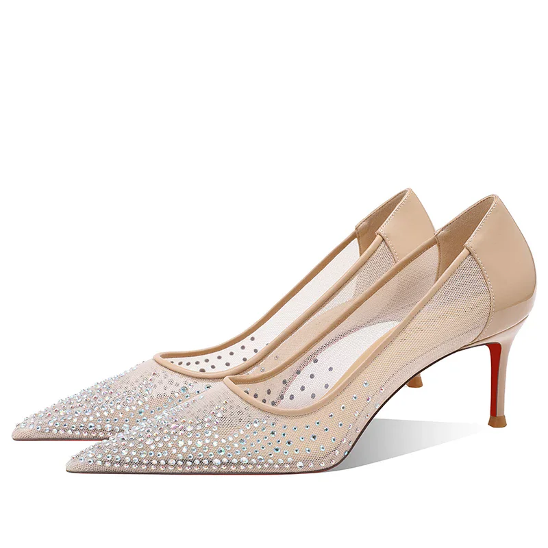 Summer new pointed shallow mouth rhinestone mesh wedding shoes banquet dress size small size slim high-heeled women's sandals