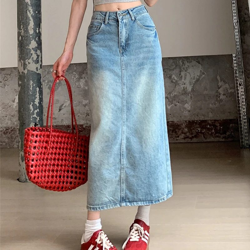 

Осень 202, женские джинсы Y2K, джинсовая юбка с высокой талией и разрезом для миниатюрного облегающего макси-длины, модная грушевидная форма