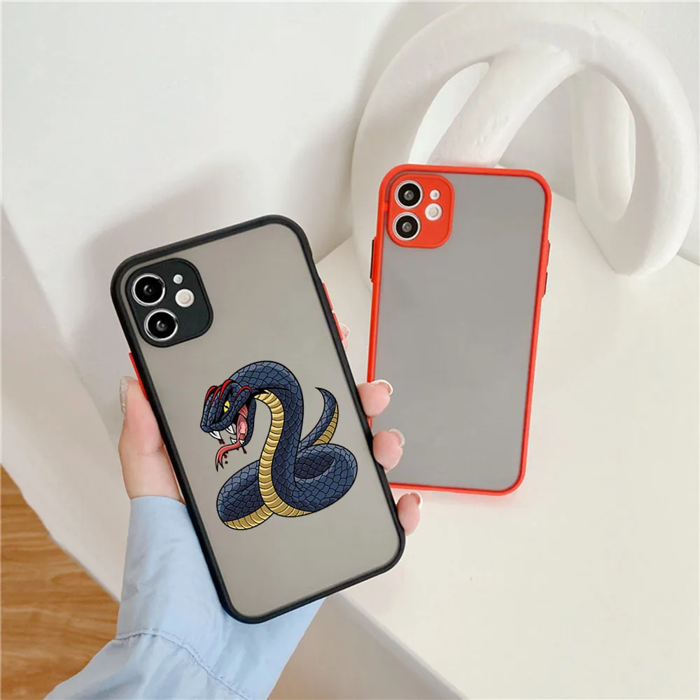 Cases For iPhone 16 15 14 7 8 Plus 13 12 11 Pro Max XS X 13Mini XR SE Snake Cobra Python Frosted Translucent Fundas Phone Case