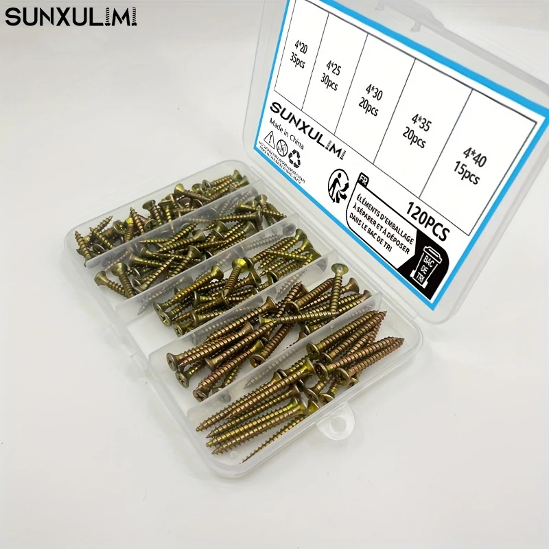 120-piece wood screw combo set, zinc-plated cross-head, 5 sizes, fully threaded, for furniture assembly, precision fasteners, st