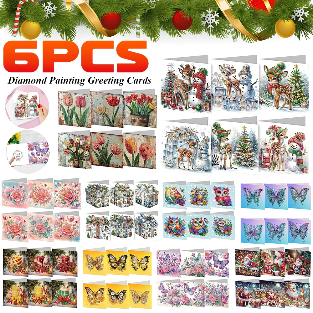 6pcs Diamant malerei Gruß karte Diamant zeichnung Stickerei Mosaik Postkarten DIY handgemacht danke Karte Weihnachts dekoration
