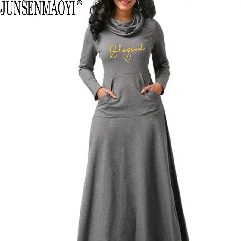 Blessed Letter Print Dress Fashion Women With Pocket Long Sleeve Christian 90s Girl Aesthetic Faith Jesus dresses Long Elegant