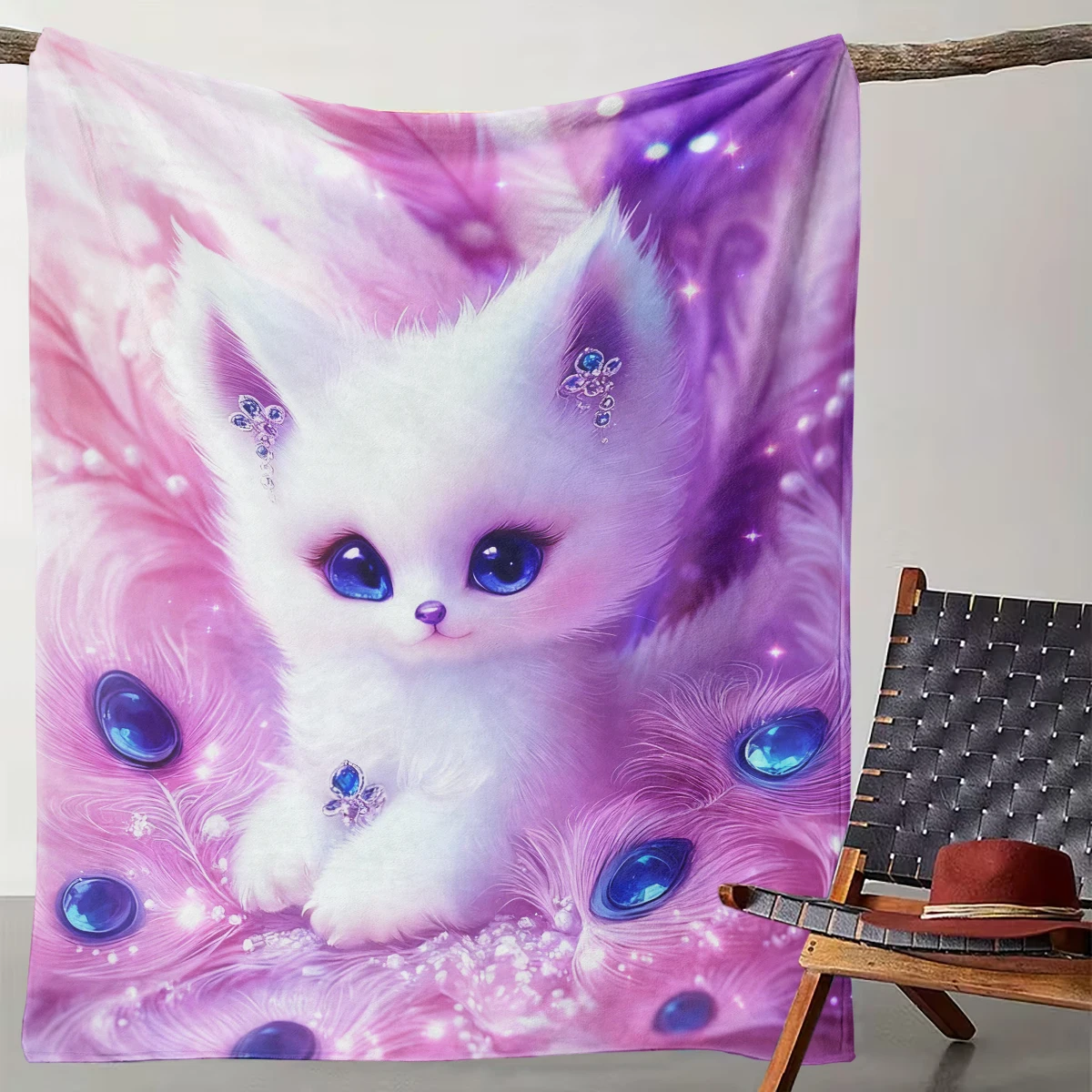 

1 Pink Purple Gemstone Cute Cat Feather Dream Blanket Suitable for Camping, Living Room, Office, Chair, and Bed