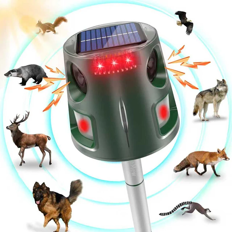 Repelente Solar Ultrassônico de Animais com Luz LED Piscante e Alarme Sonoro para Espantar Pombos, Pássaros, Ratos e Raposas para Jardim e Ambientes Externos