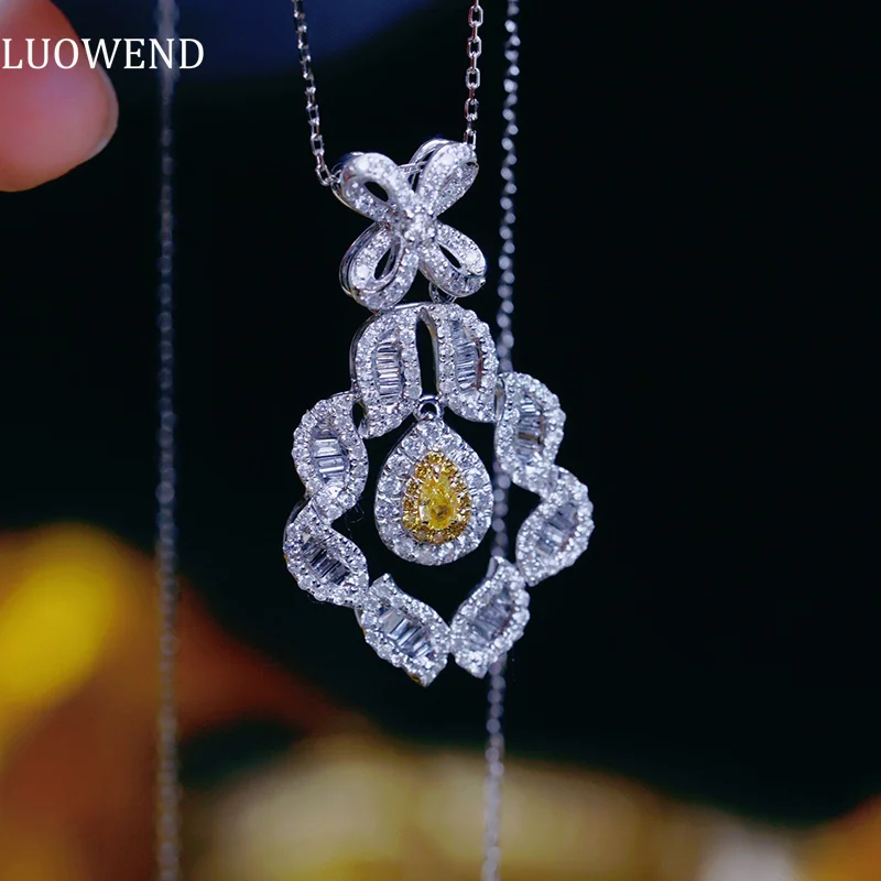 LUOWEND collana in oro bianco 18 carati di lusso 1.22 carati collana con ciondolo in vero diamante giallo naturale da donna a forma di fiore intelligente da sposa