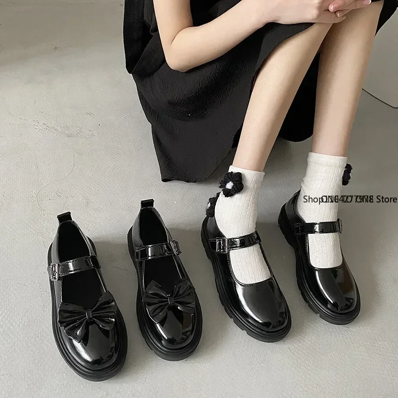 Women Loafers 2024 Vintage Round Toe Black Mary Jane Shoes Sweet Girls High Heel Platform Lolita Shoes Women's Shoes Plush 44